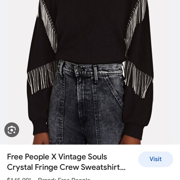 New Free People X Vintage Soul Crystal Fringe Crew Size S Washed Black - Picture 5 of 14